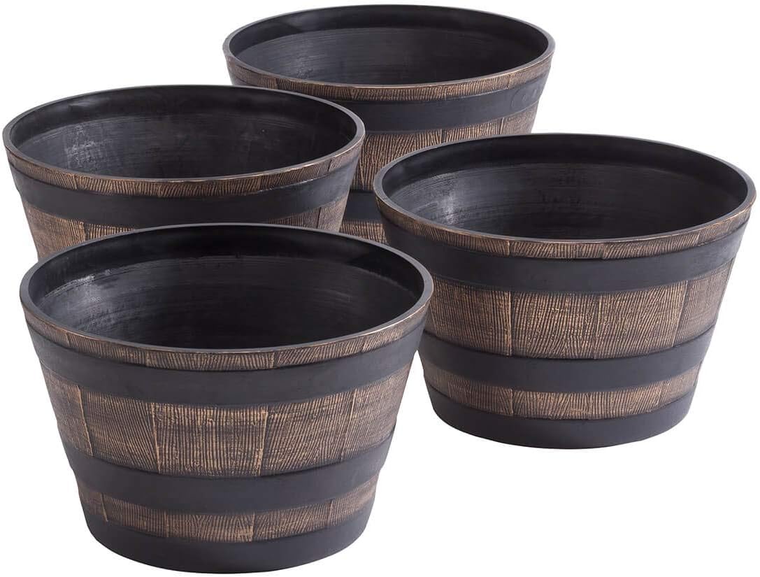 Fox Valley Traders Wood-Look Barrel Planters, Lightweight Durable | Plastic, Outdoor D cor, Rustic - 8 -H x 13 -Dia