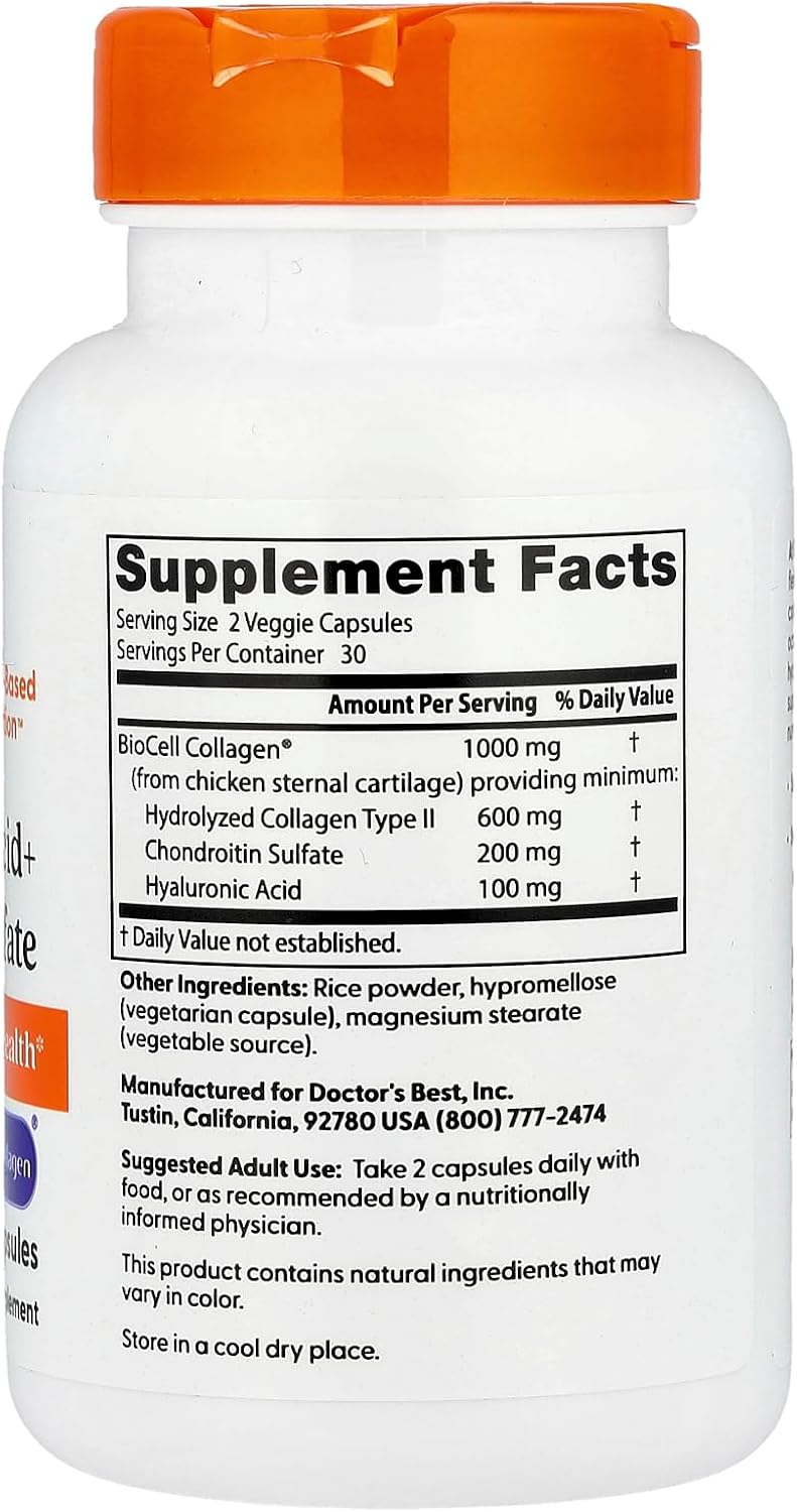 Doctor's Best Hyaluronic Acid with Chondroitin Sulfate, Featuring BioCell Collagen, Non-GMO, Gluten Free, Soy Free, Joint Support, 180 Count (Pack of 1)