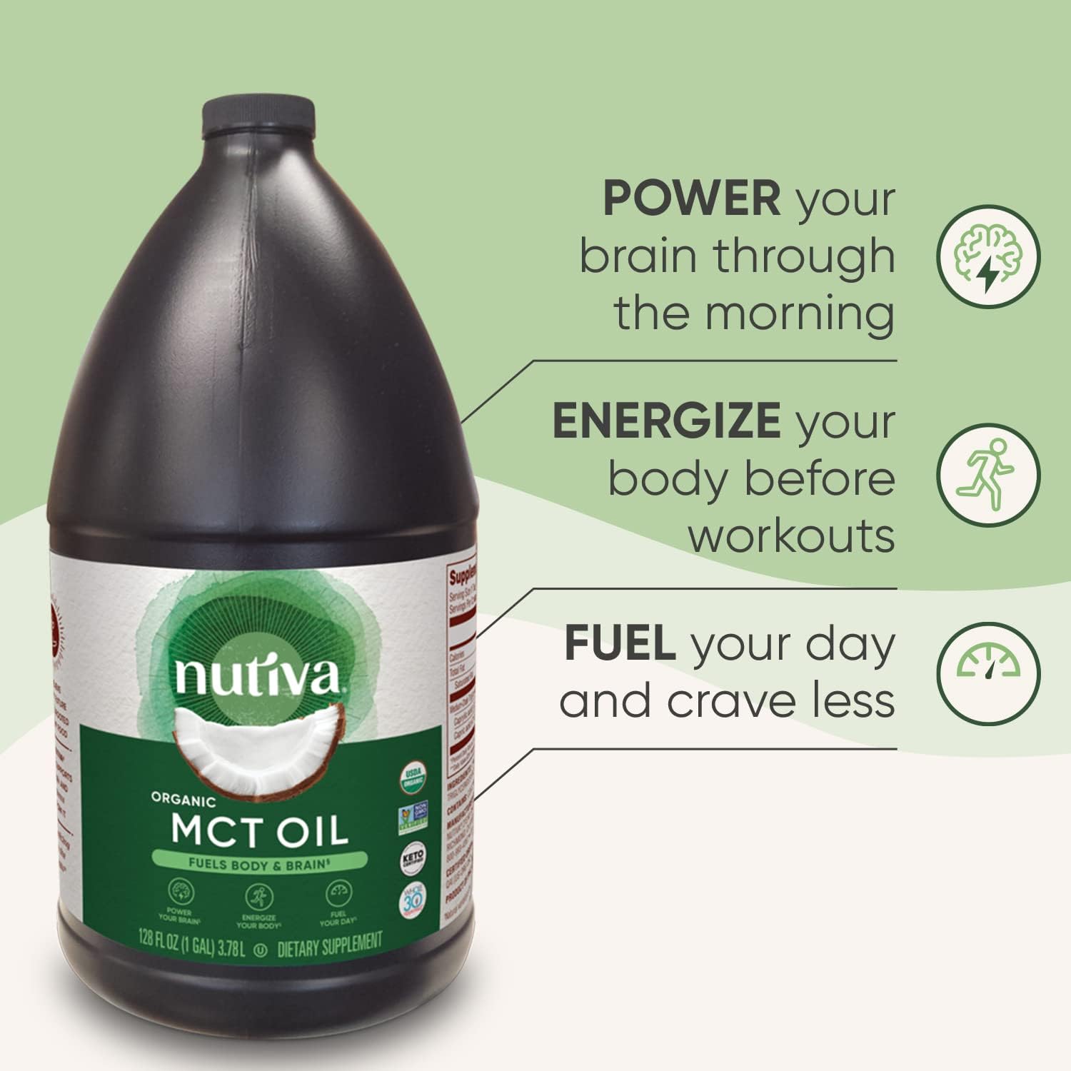Nutiva Organic MCT Oil, Unflavored, 32 Oz, USDA Organic, Non-GMO, Non-BPA, Whole 30 Approved, Vegan, Gluten-Free & Keto, 14g MCT per Serving & Neutral Flavor for Energy Boost to Coffee, Shakes and Salads