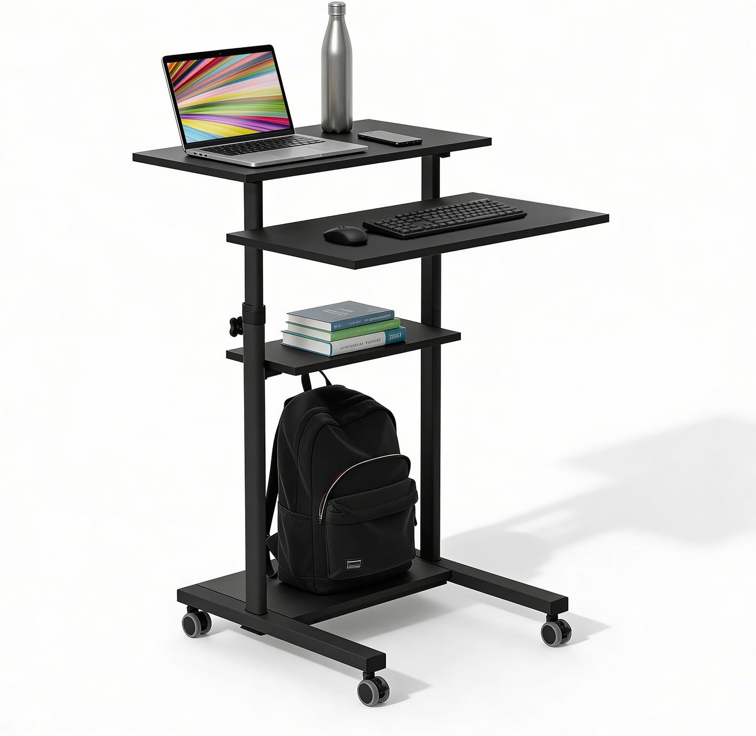 Mount-It! Black Rolling Standing Desk, Adjustable Height up to 54.7", Portable Laptop Podium Desk on Wheels, Mobile Computer Workstation with 4 Shelves 27.5" Wide, Cart for Home Office or Classroom