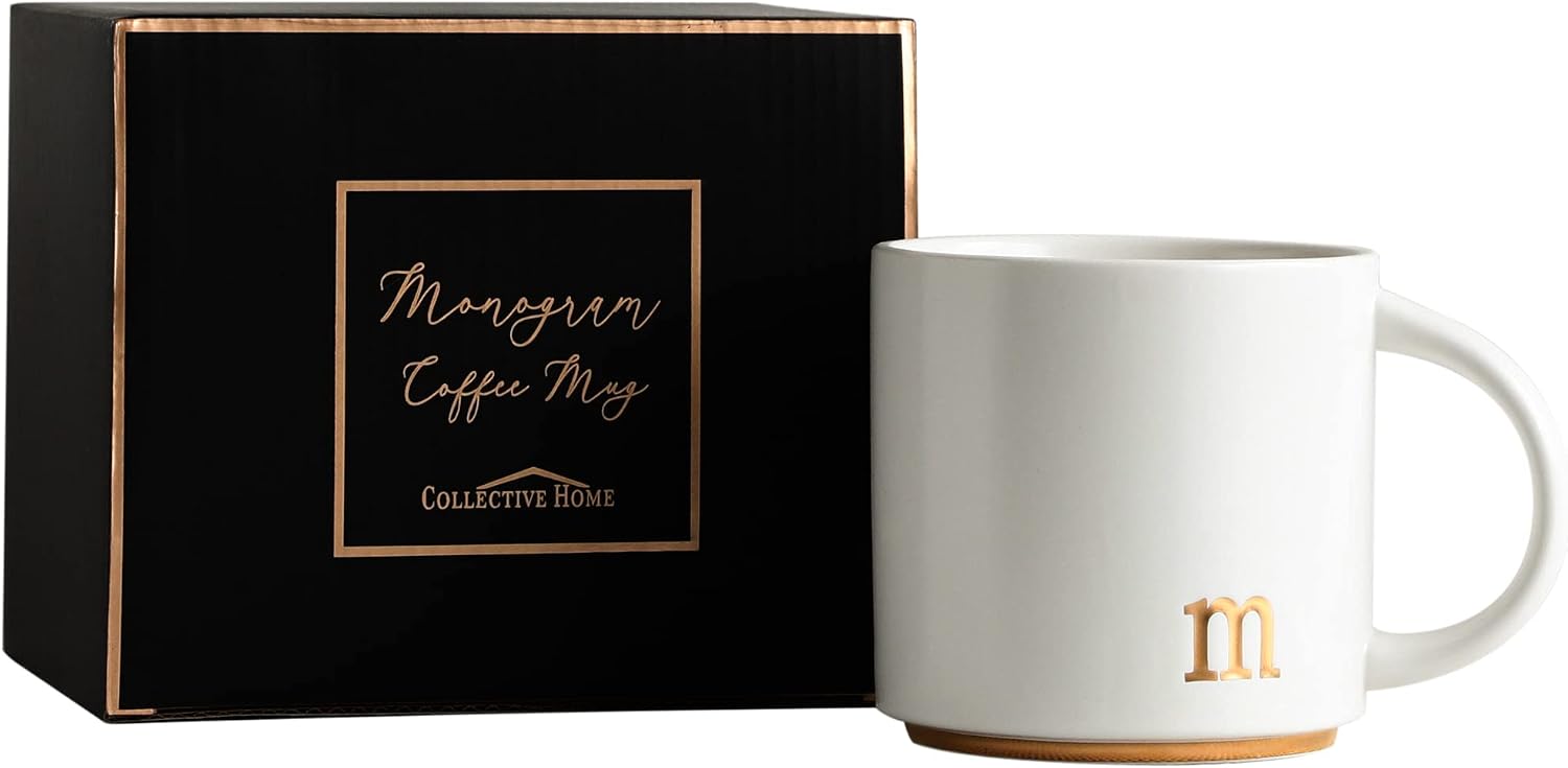 COLLECTIVE HOME Ceramic Coffee Mug, 15 oz Monogram Cup with Gift Box(m) | Dishwasher Safe, Engraved Gold Letter