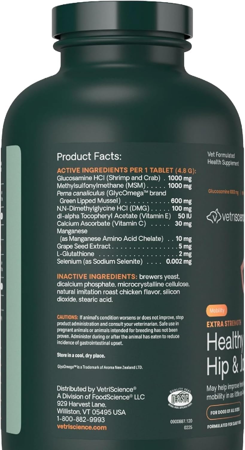 VetriScience Glycoflex 3 Clinically Proven Hip and Joint Supplement for Dogs - Maximum Strength Dog Supplement with Glucosamine, MSM, Green Lipped Mussel & DMG - 120 Count