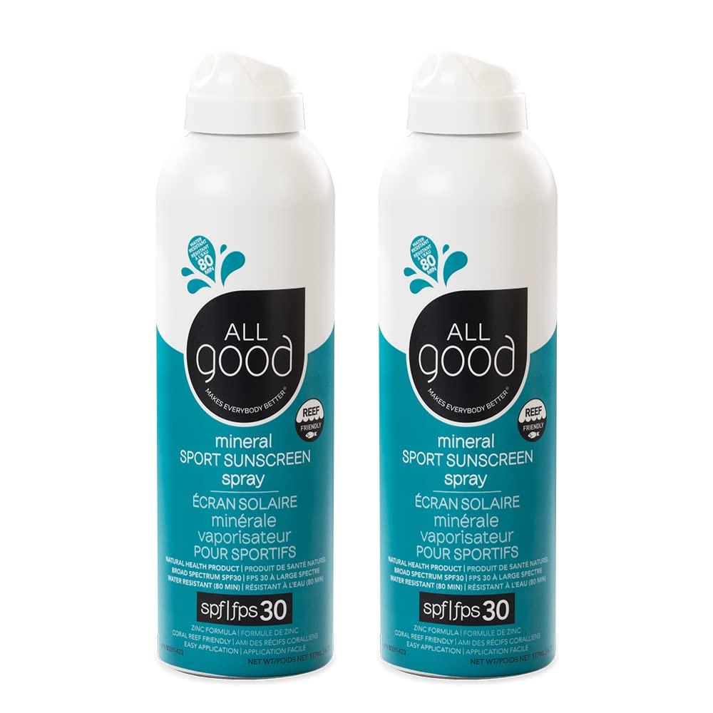 All Good Sport Sunscreen Spray - UVA/UVB Broad Spectrum SPF 30 - Water Resistant, Coral Reef Friendly - Zinc, Calendula, Aloe (6 oz)