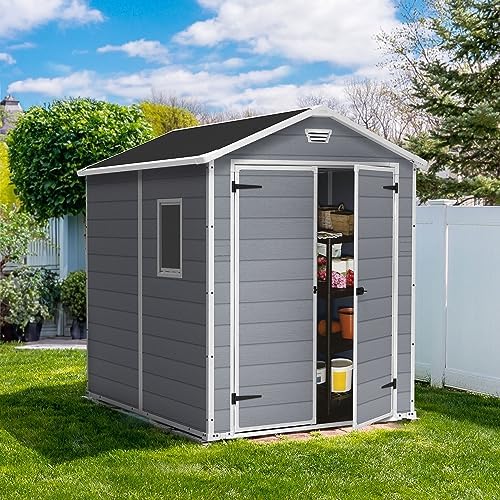 Keter Manor 6x8 Foot All Weather Garden Tool Outdoor Storage Shed with Lockable Double Doors, Fixed Window and Wood-Look Resin Walls