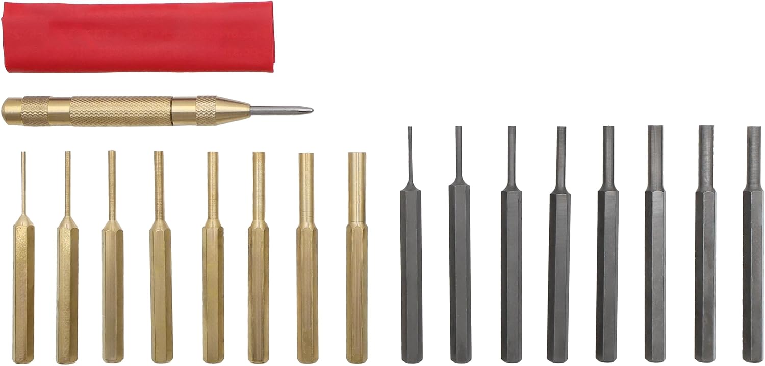 GRIP 18 pc Brass & Steel Drive Pin Punch Set - Automatic Center Punch - Vinyl Storage Pouch - Brass and Steel Pin Punches - Sizes: 1/16”, 3/32”