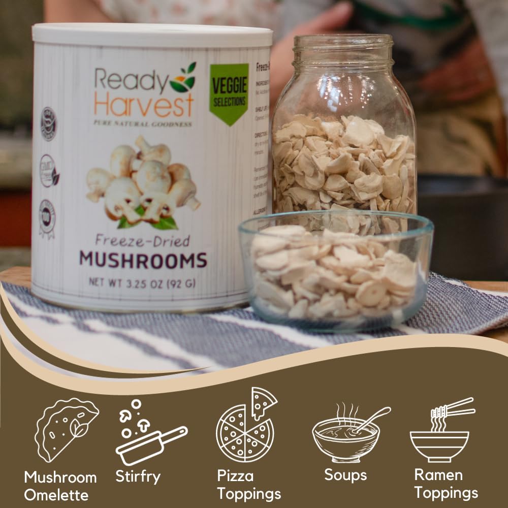 Ready Harvest Freeze-Dried Mushroom for Emergency Food Supply | Camper Must-Haves Camping Essentials | Hurricane Preparedness Items, Survival Food