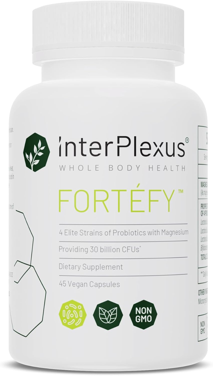InterPlexus Fortéfy - 4 Elite Strains of Probiotics Providing 30 Billion CFU per Capsule with Magnesium - Gluten Free, Dairy Free