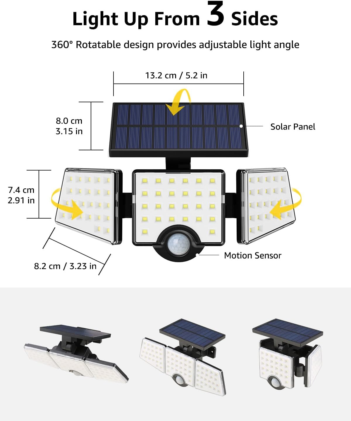 LE Solar Lights for Outside, Solar Lights Outdoor with Motion Sensor, WL4000 High Brightness, 3 Adjustable Heads 270° Wide Lighting Angle