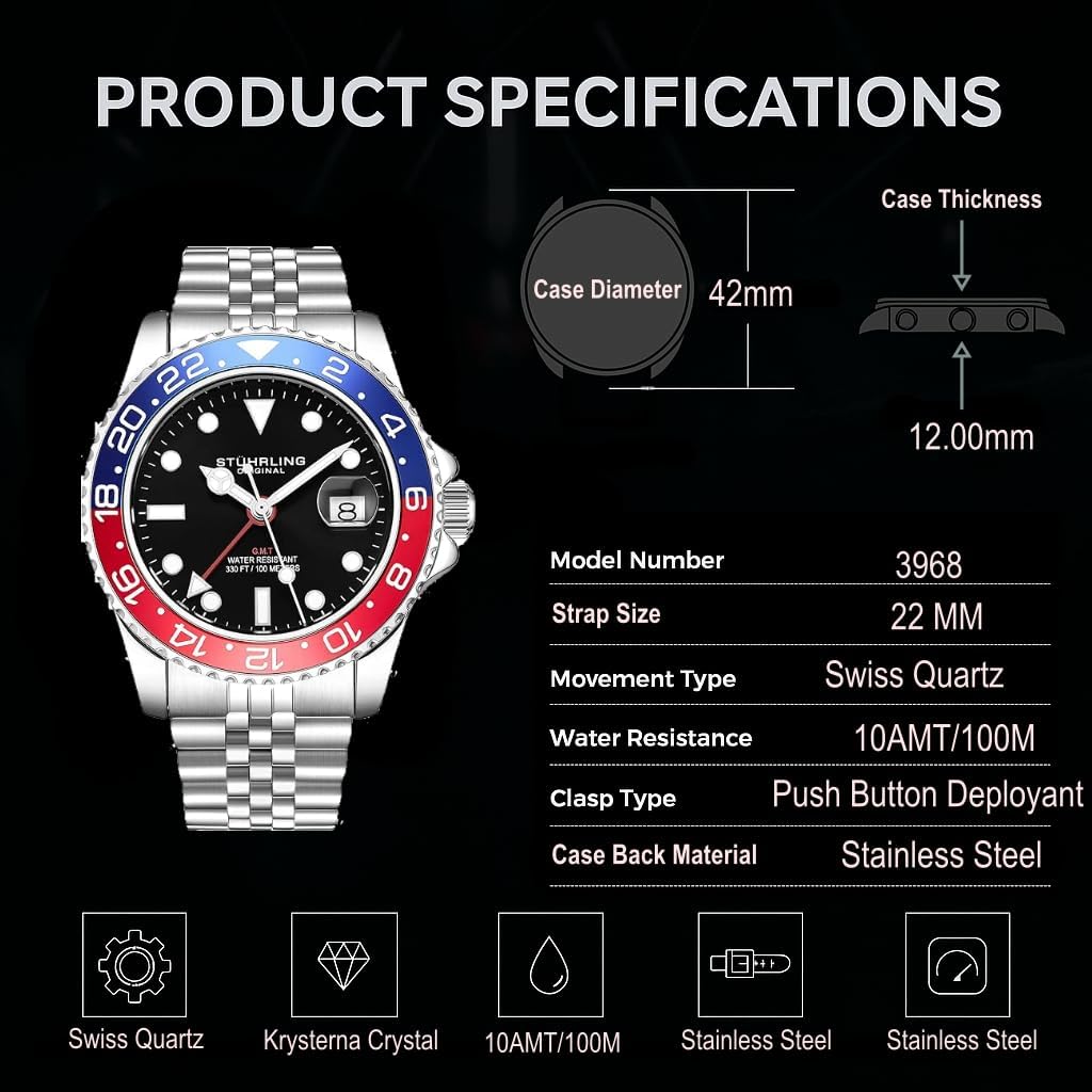 Stuhrling Original Men's Stainless Steel Jubilee Bracelet GMT Watch Quartz - 42mm Quartz Analog Wrist Watch for Men, Mens Quartz Watch, Stainless Steel Case, Casual Work Watch, Water Resistant Watch