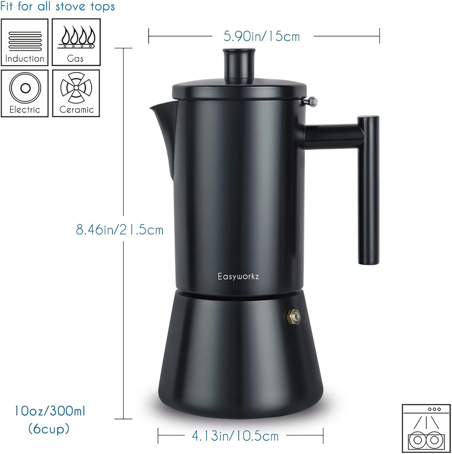 Easyworkz Diego Stovetop Espresso Maker Stainless Steel Italian Coffee Machine Maker 6Cup 10 oz Moka Pot Induction Espresso Pot