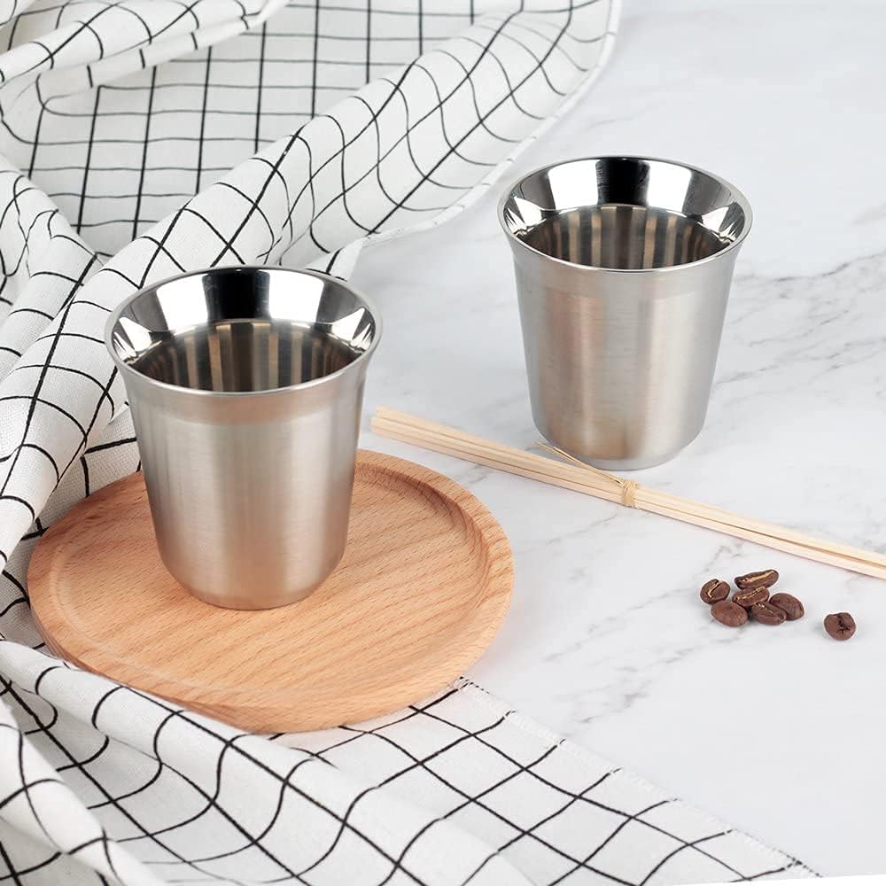 RECAPS 80ml Stainless Steel Espresso Cups Set (Stainless Steel) | 2 Pack Double Wall 304 Stainless Steel Demitasse Cups 2.7oz (Small Cup)