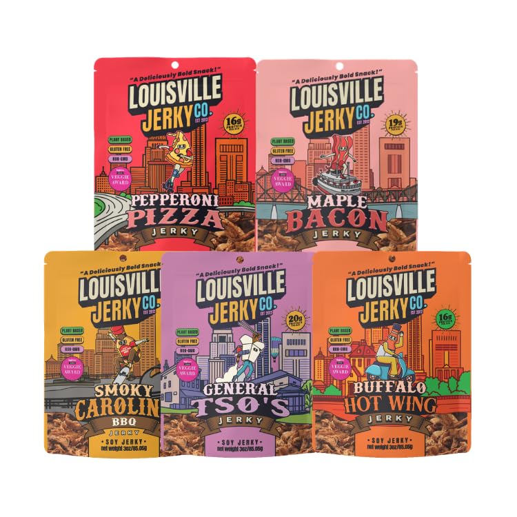 Louisville Jerky Co. Traditional Vegan Jerky Pack, 3 oz, 5-Pack | Plant Based, High Protein Snack, Vegetarian Friendly, BBQ, Buffalo, Maple Bacon, Pepperoni Pizza, Black Pepper