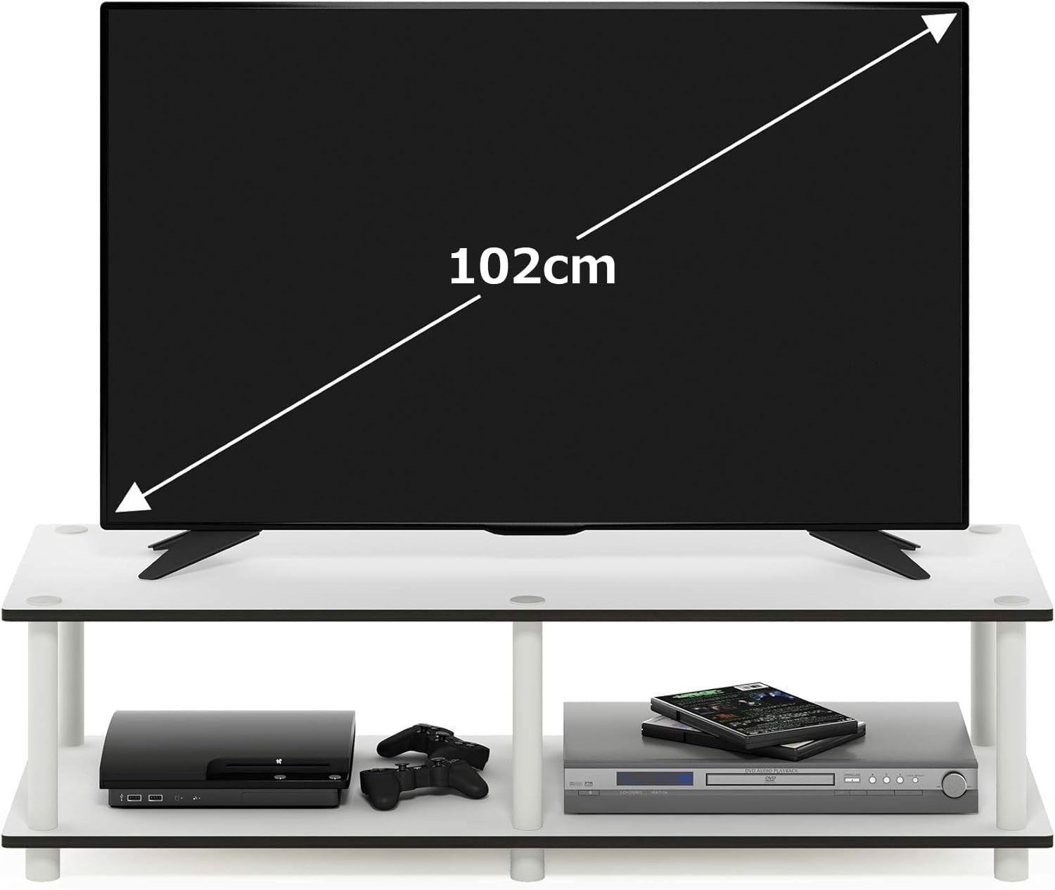 Furinno Turn-N-Tube TV Riser Stand, 2-Tier Small Elevated No Tools TV Stand, TV Console for TV up to 32 inch, 15.8 x 23.8 x 11, for Living Room, Bedroom, French Oak/Black