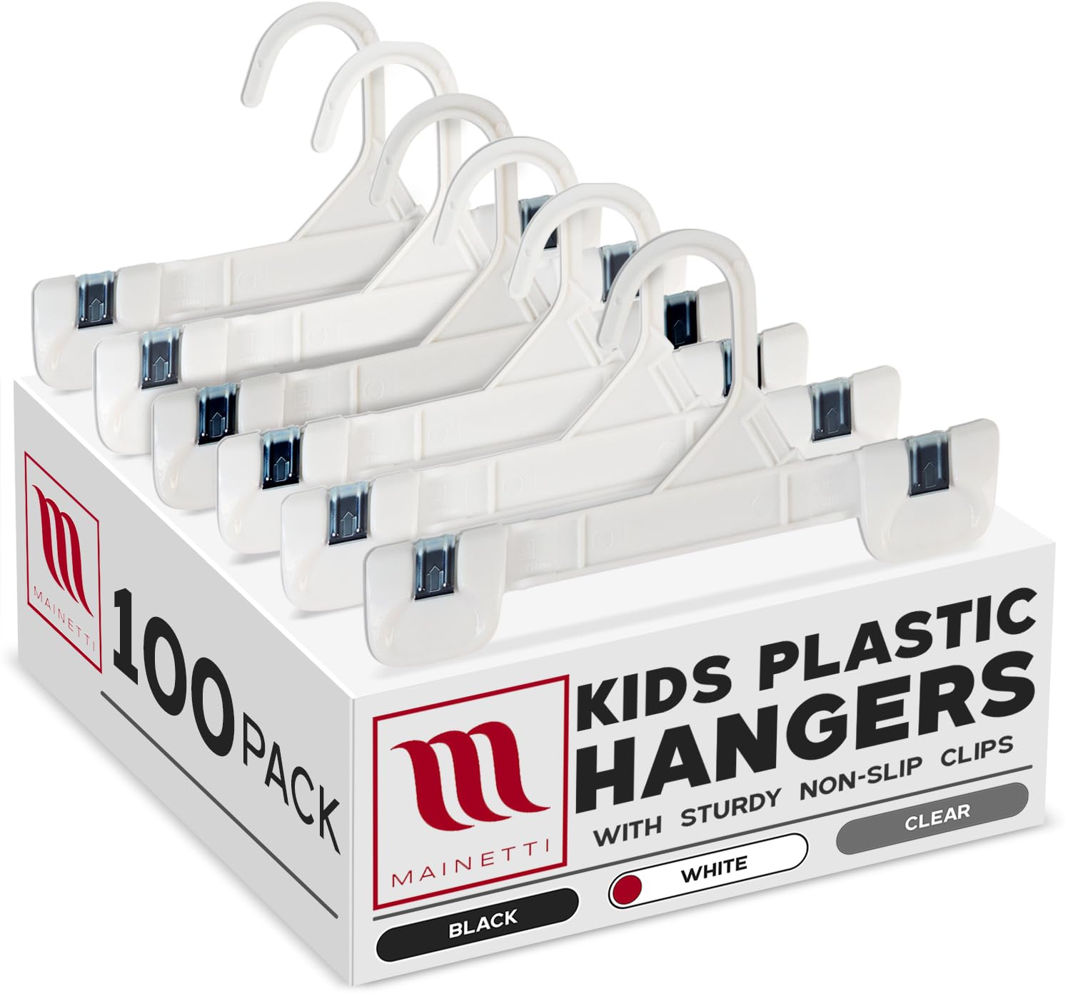 Mainetti 8in White Kids Pants Hangers with Non-Slip Clips (100 Pack)