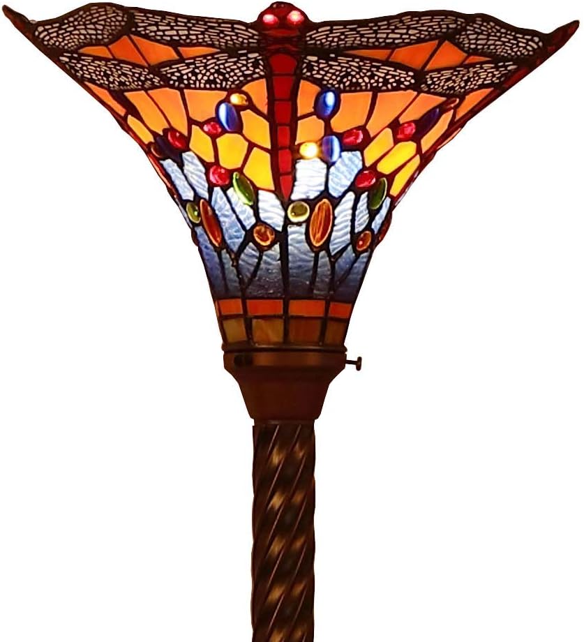 Bieye L10710 Dragonfly Tiffany Style Stained Glass Torchiere Floor Lamp with 13 Inch Wide Handmade Lampshade Metal Base for Dark Corner Living Room