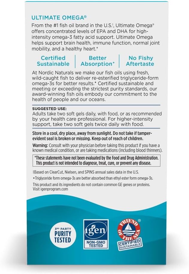Nordic Naturals Ultimate Omega, 1280mg Omega-3 Fish Oil, Lemon - 60 Count | High-potency Omega-3 Fish Oil with EPA & DHA supports brain & heart health. Non-GMO, burpless formula. 30 servings.