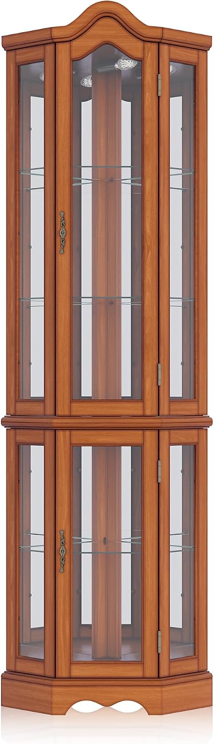 BELLEZE Lighted Corner Display Curved Top Curio Cabinet Wooden Shelving Unit with Tempered Glass Door