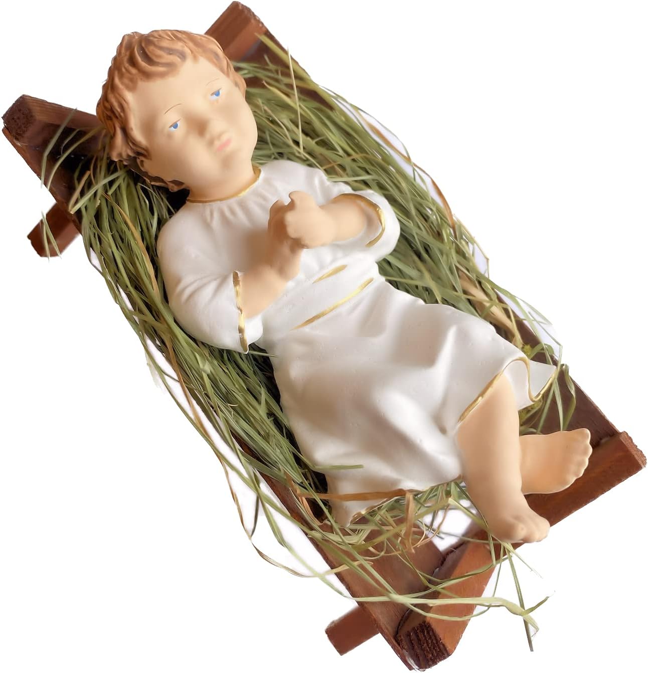 4 Inch Baby Jesus in Manger Figurine, Small Baby Jesus Manger Crib for Nativity Set on Natural Hay, Handcrafted Holy Gift Made in Poland