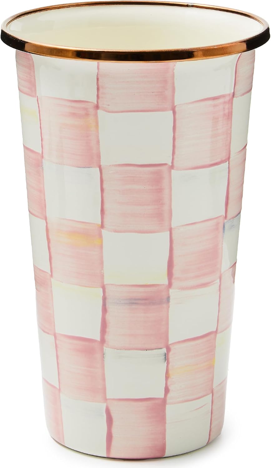 MACKENZIE-CHILDS Enamel Tumbler, Black-and-White Courtly Check | Hand-painted design, elegant drinkware with gold rim, 2.75" dia. x 4.5" H, 10-ounce capacity