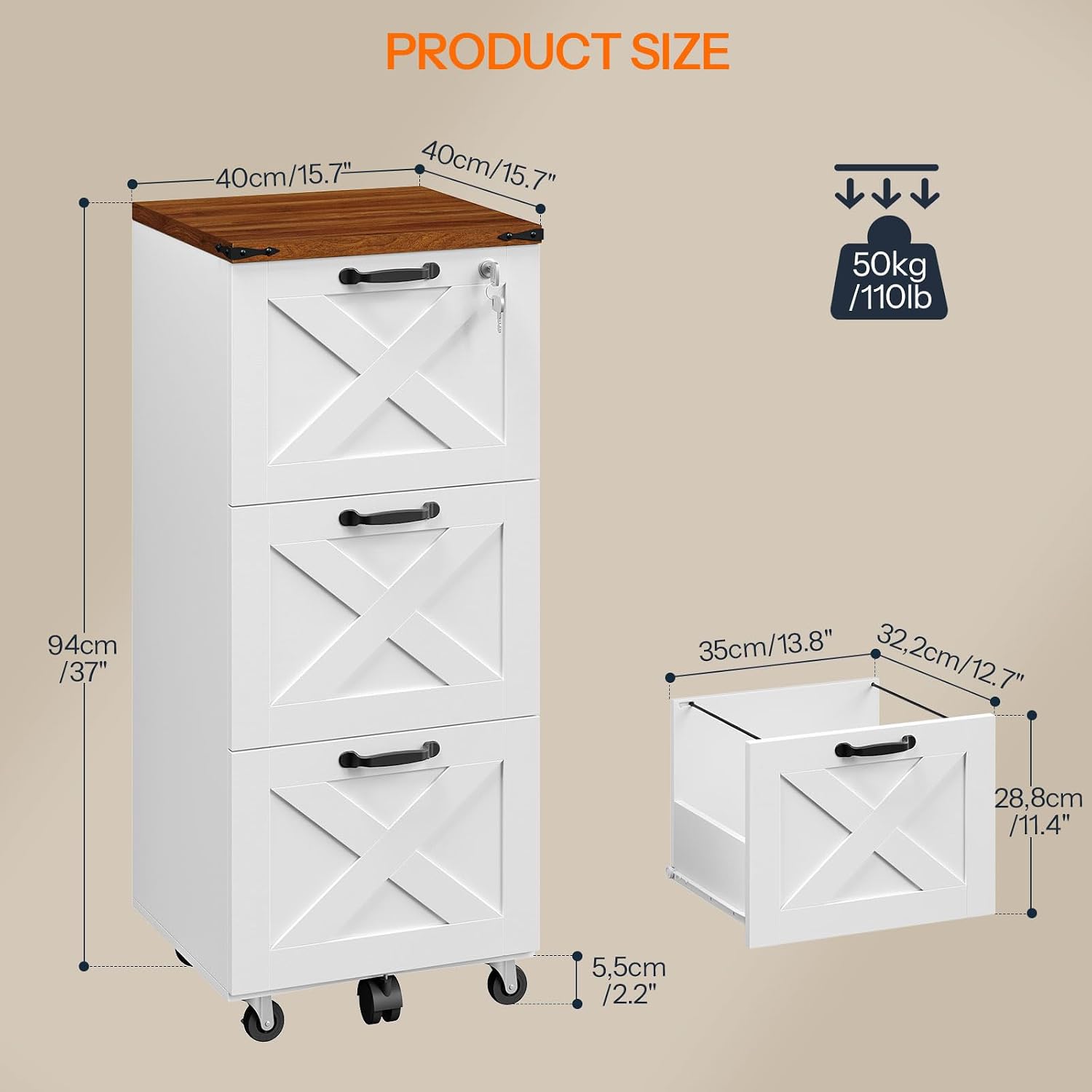 HOOBRO 3 Drawer File Cabinet with Lock, Mobile Filing Cabinet for Home Office, Wooden Farmhouse Office Storage Cabinet, Printer Stand Fits Letter and A4 Size, Walnut and White WH93WJ01G1
