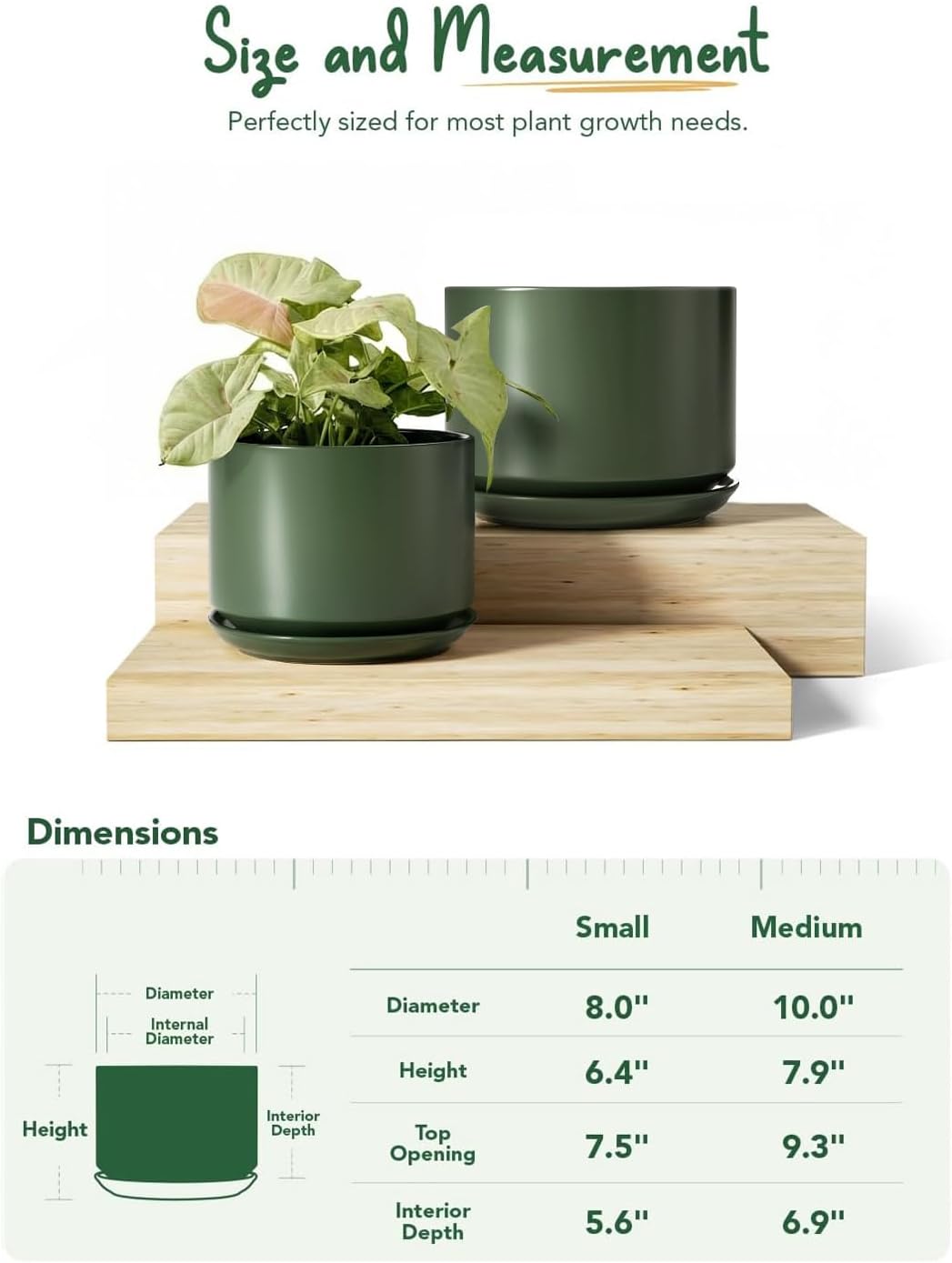 LE TAUCI Ceramic Plant Pots, 4.3+5.3+6.8 inch, Set of 3, Planters with Drainage Hole and Saucer, Indoor Flower Pot with Hole Mesh Pad, Gifts for Mom