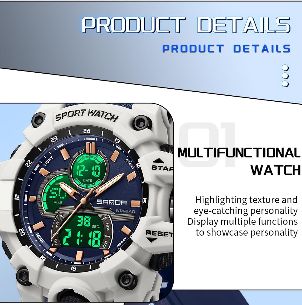 FANMIS Men Sports Outdoor Watch Analog Digital Multifunctional Black Watch | Black Sports Watch Casual Quartz Wristwatch Waterproof Military Wrist Watch Tactics LED Alarm Stopwatch Digital Watch for Men