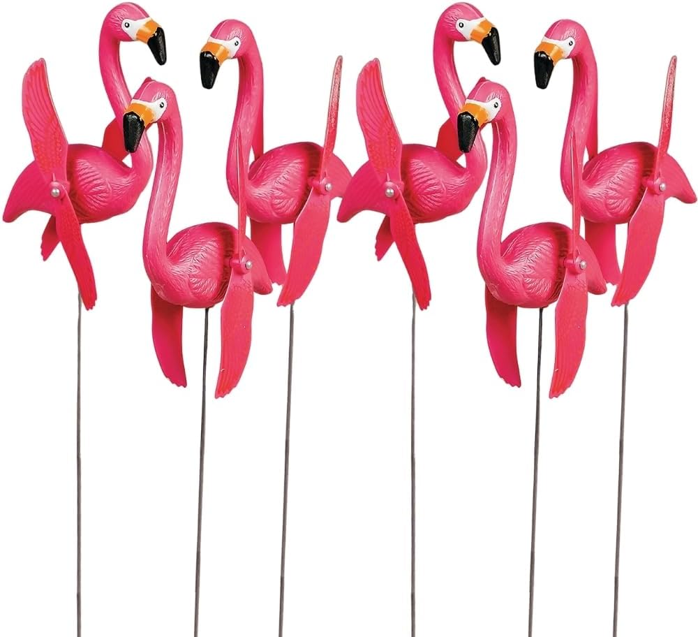 Fun Express Mini Pink Flamingos Yard Ornaments Set of 6 - Wind Spinners Outdoor with Twirling Wings | Flamingo Decor Gifts for Women | Tropical Luau