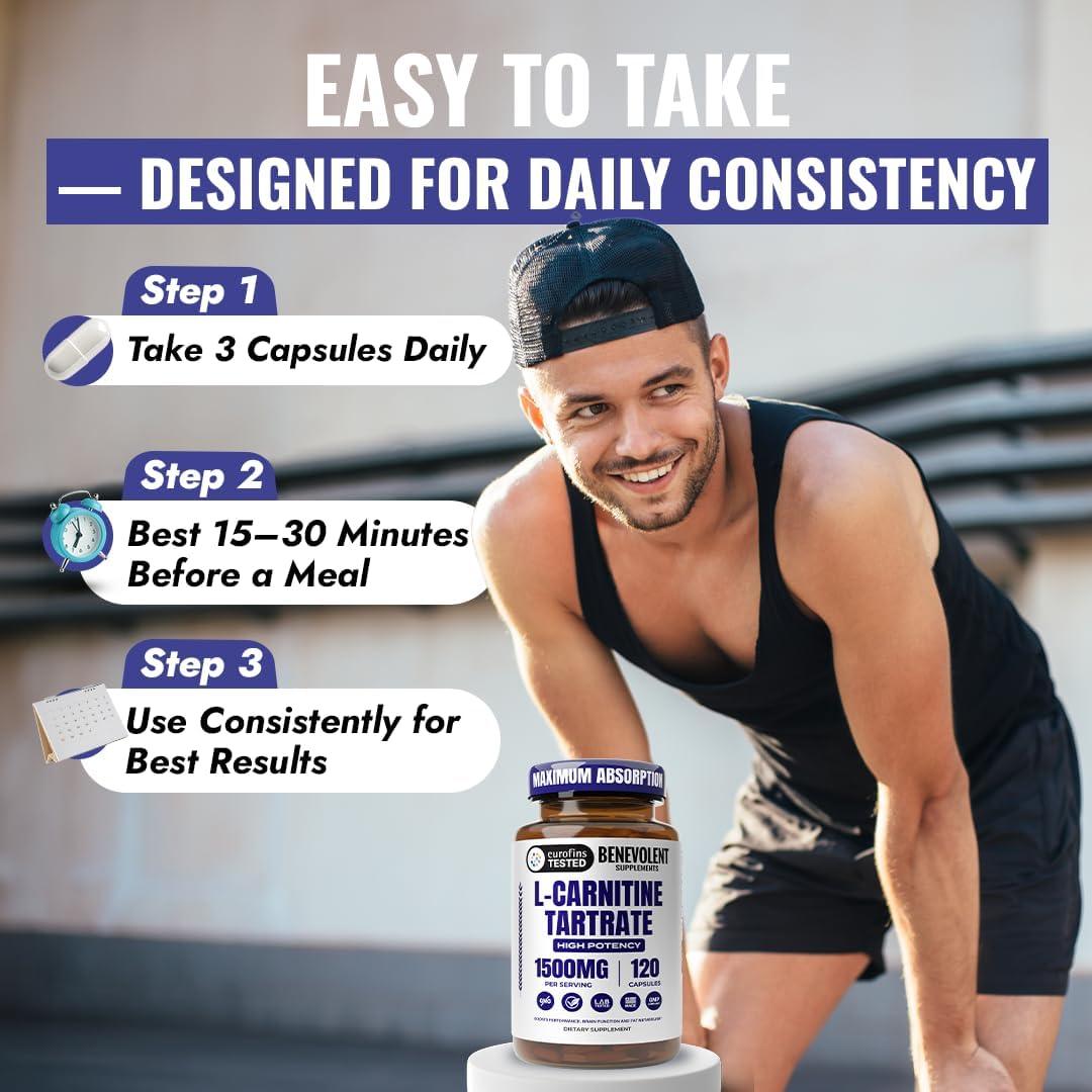Benevolent L Carnitine Supplement - High Potency 1500mg – 120 Capsules