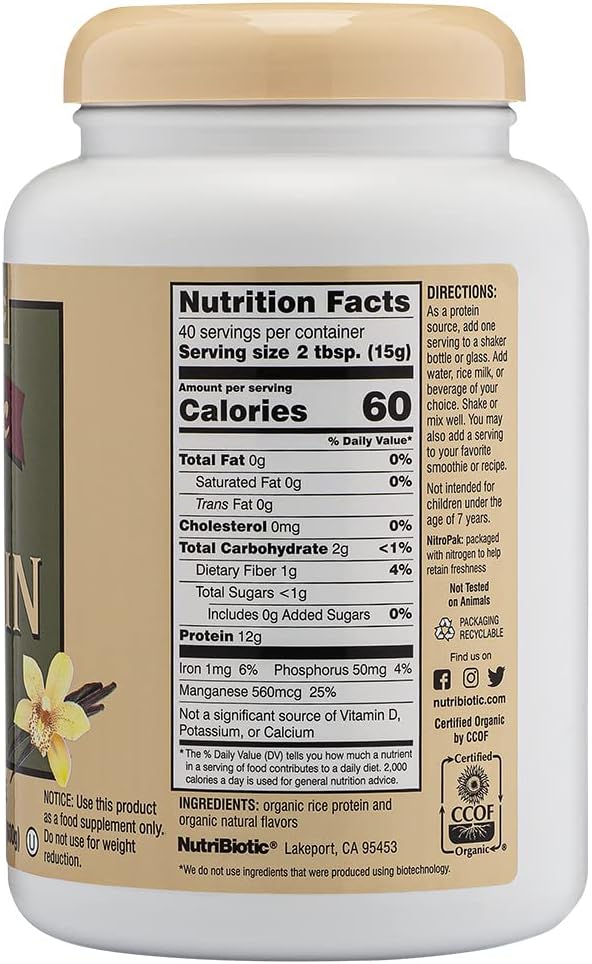 NutriBiotic Certified Organic Plain Rice Protein, 21 Ounce | Low Carbohydrate Vegan Protein Powder | Raw, Certified Kosher & Keto Friendly | Made Without Chemicals, GMOs & Gluten | Easy to Digest