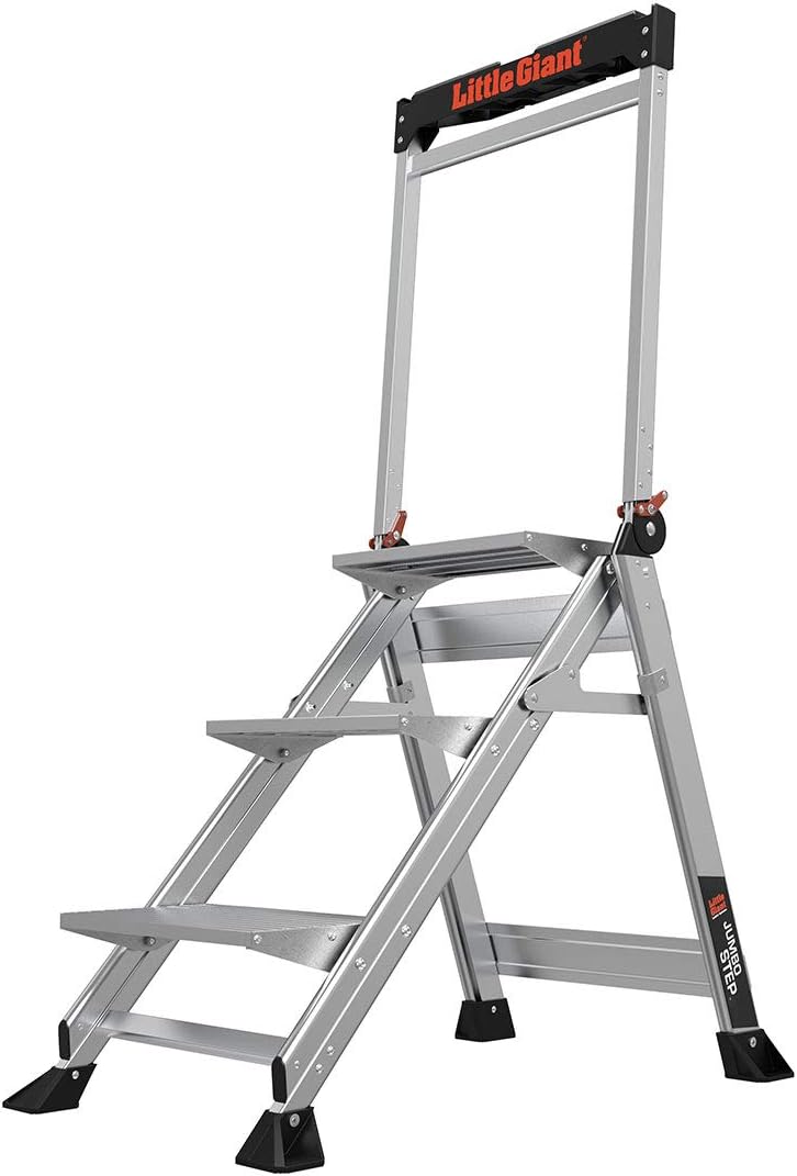 Little Giant Jumbo Step 3-Step Foldable 2.2 ft Aluminum Stool, 11903 | Foldable Aluminum Step Stool, Extra-Wide Stair-Like Treads, Rotating Handrail, Tool Tray, 375 lbs. Weight Capacity