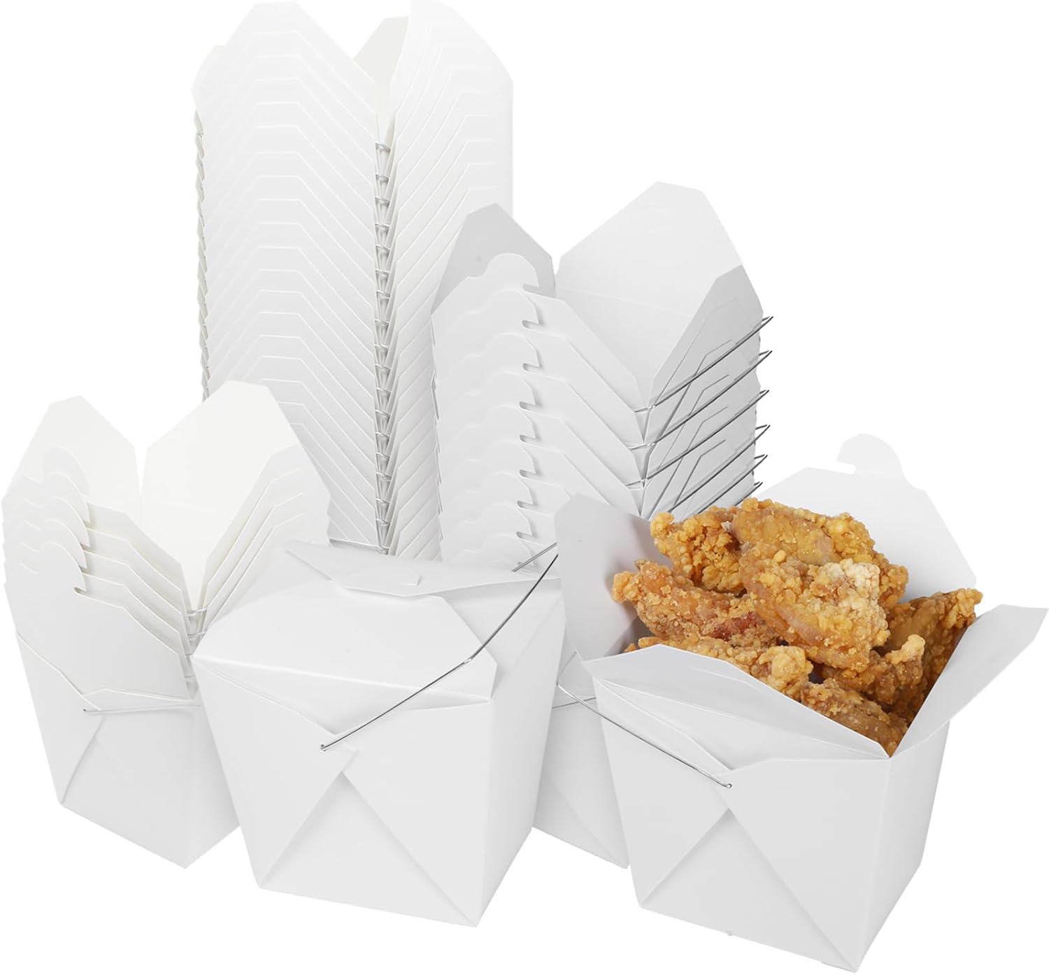 zmybcpack 50 Pack 32oz Chinese Take Out Food Boxes with Metal Wire Handle & Labels