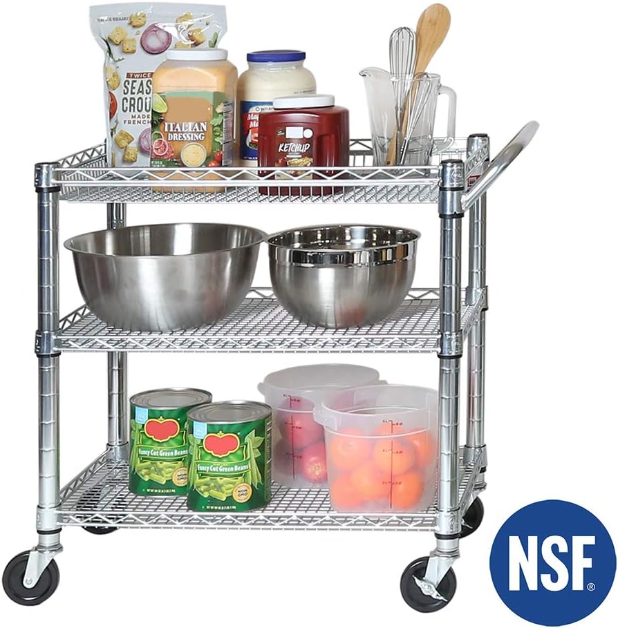 Seville Classics UltraDurable NSF Commercial Heavy Duty Metal Rolling Utility Cart, w/ Steel Shelves, Handle Bar for Restaurant, Garage, Warehouse, Kitchen, Office, Top Shelf (36"W x 18"D)
