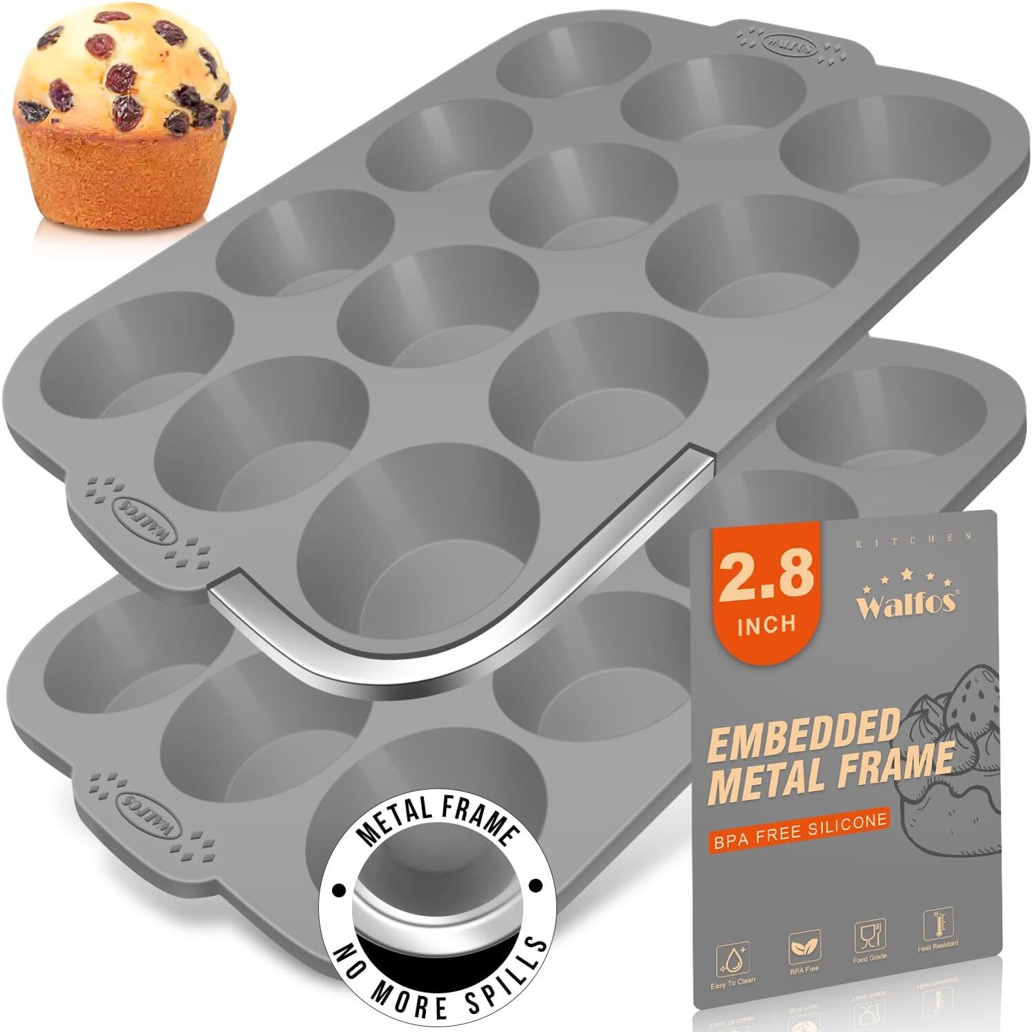 Walfos Silicone Texas Muffin Pan - 6 Cup Jumbo Silicone Cupcake Pan, Non-Stick, Just Release! Perfect for Egg Muffin