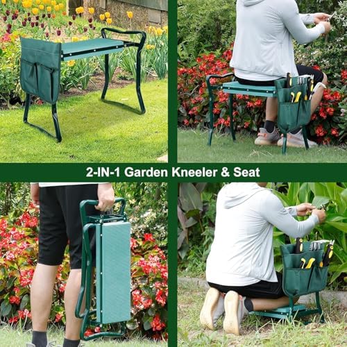 LEMY 2 in 1 Garden Kneeler and Seat - Portable Heavy Duty Folding Garden Stool for Women Men Seniors, w/EVA Foam Kneeling Pad, Removable Tools Pouches