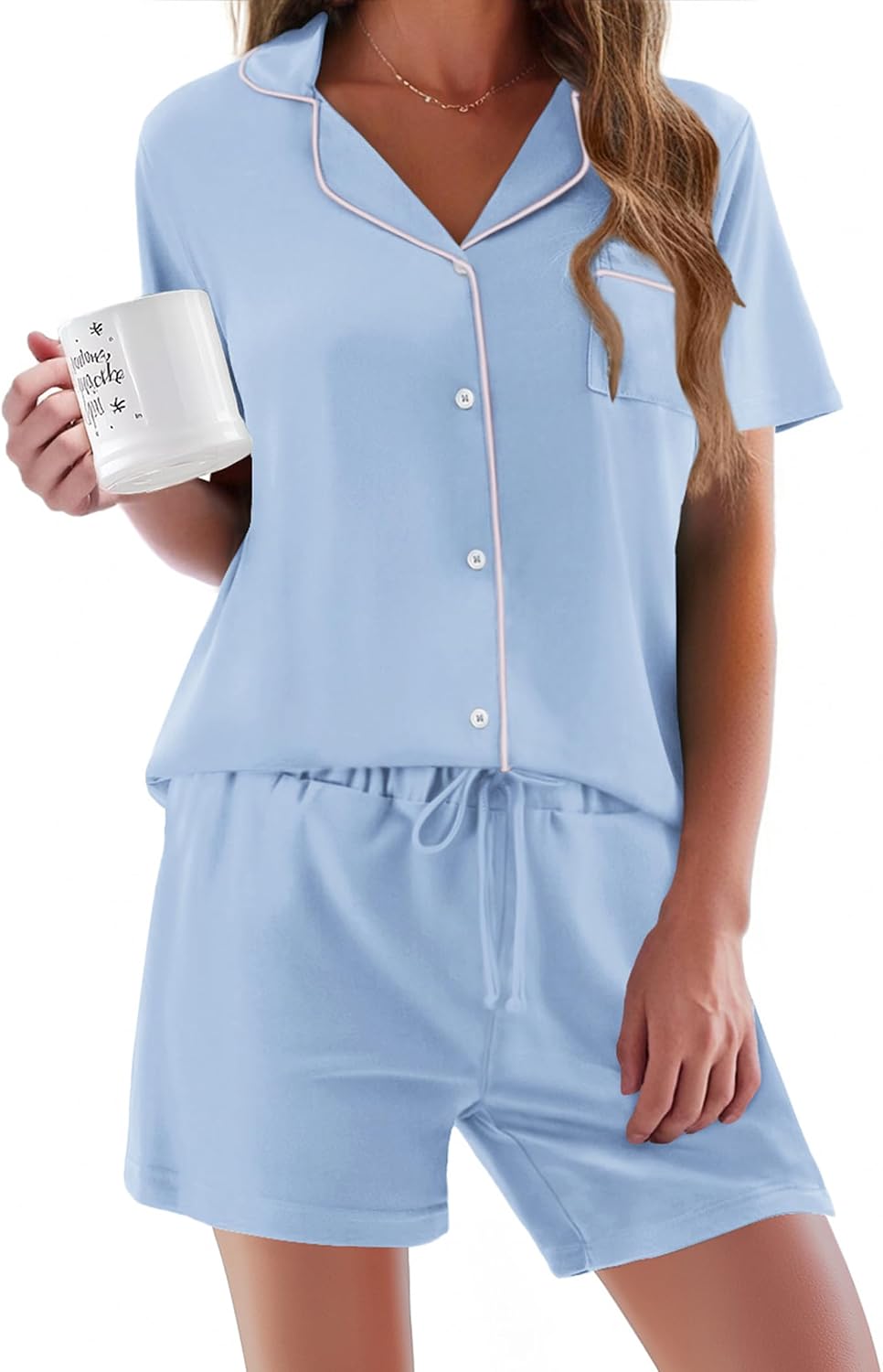 Ekouaer Pajamas Set for Women Short Sleeve Sleepwear Button Down Pj XS-XXXL | Summer 2 Piece Lounge Set, Soft Fabric, Drawstring Waistband, for Bridesmaid Bride Party, Plus Size, Petite, Cute Pattern