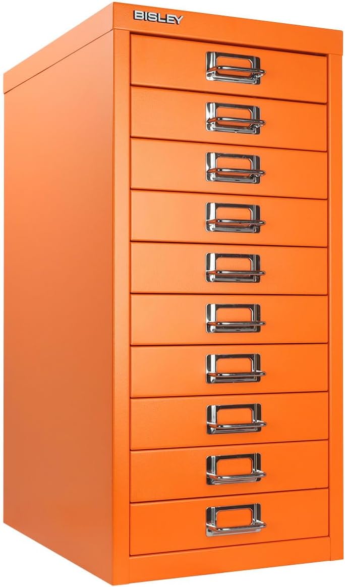 5-Drawer Steel MultiDrawer Cabinet - Orange, by Bisley | Chrome Pull Handles with Label Holders, Powder-Coated Steel, Removable Drawers, Desktop Storage, Labels Included