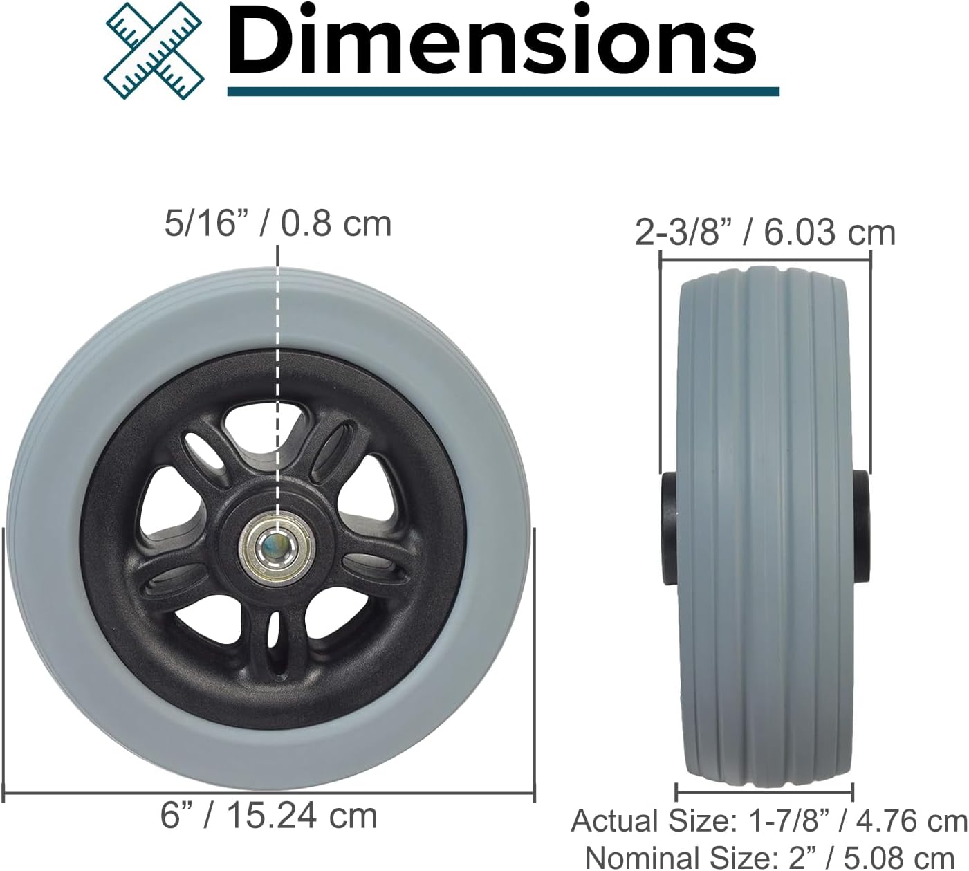 AlveyTech 6"x2" (150x50) Front Anti-Tip/Rear Caster Wheel for Jazzy 614 & 614 HD Power Chairs - Replacement Power Chair Wheels with Solid Flat-Free