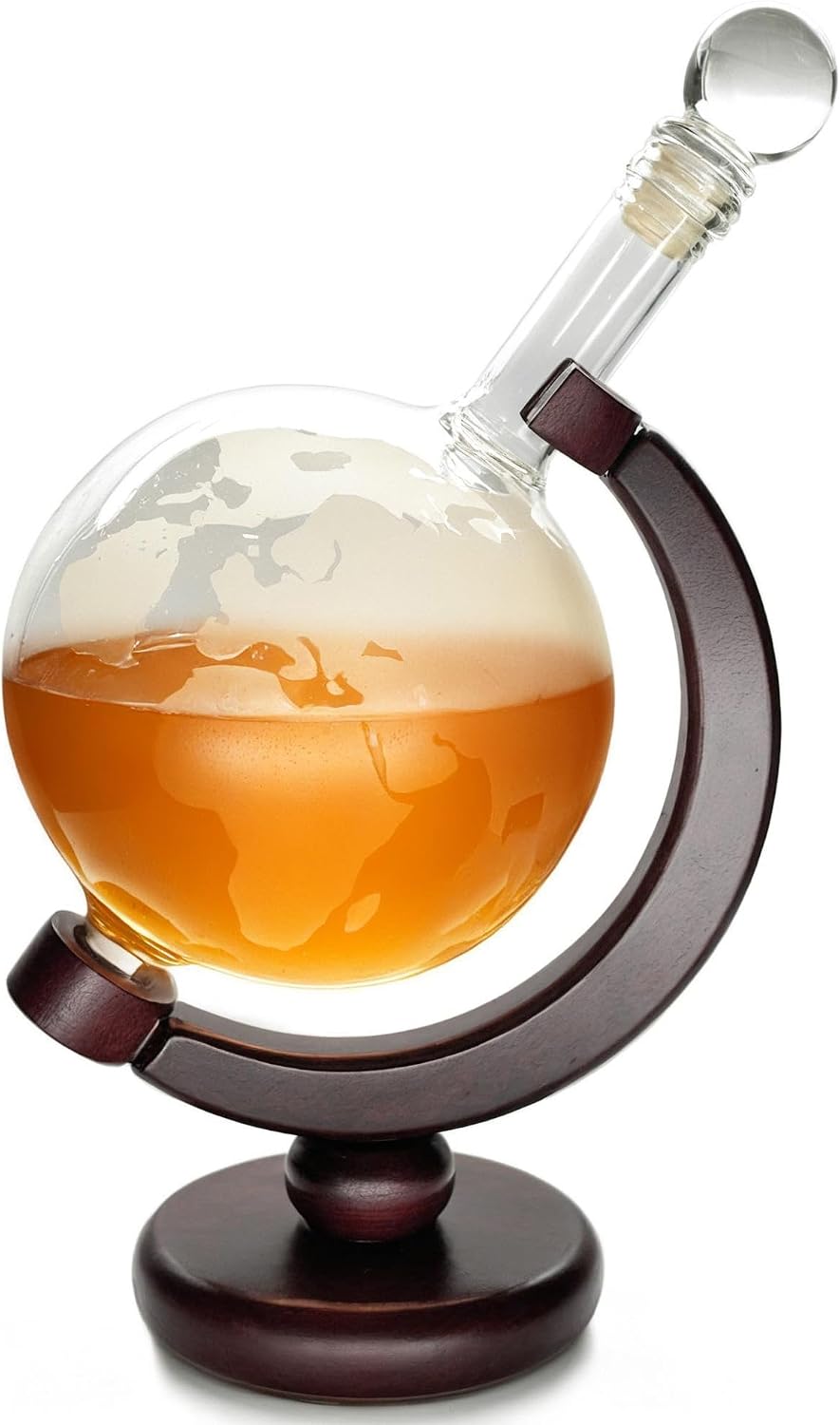 Lily's Home World Globe Whiskey Decanter with Dark Finished Wood Stand and Bar Funnel