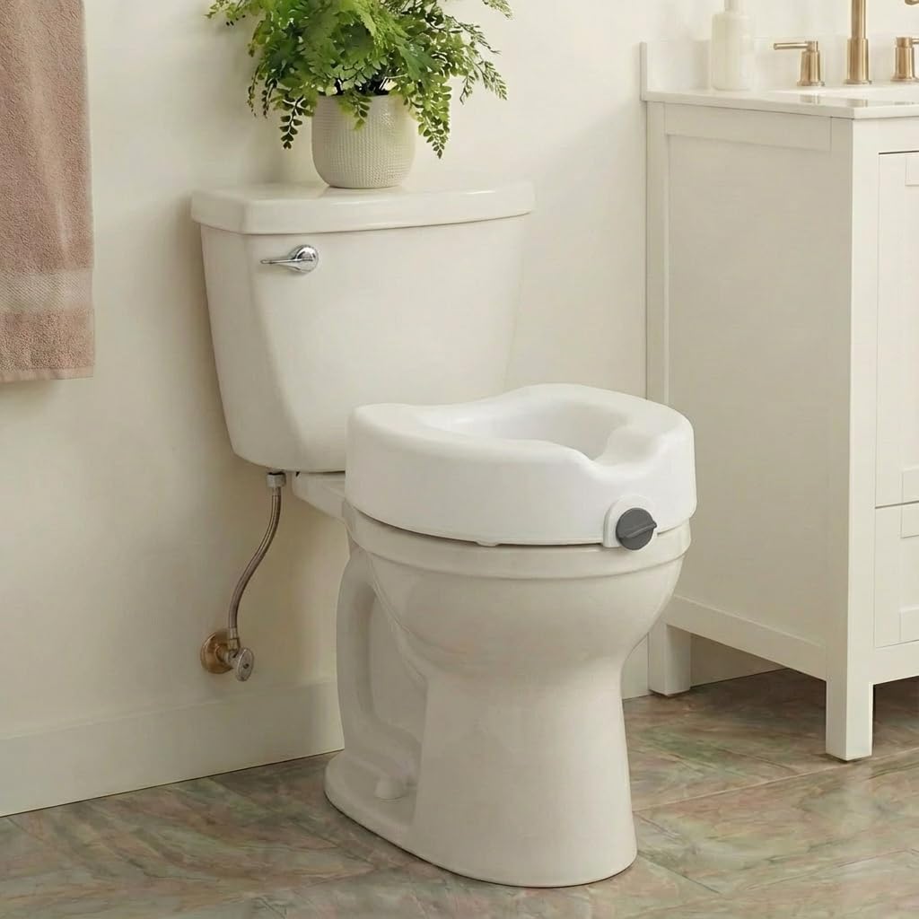 NOVA Toilet Seat Riser with Arms – Adds 5” Height, Raised Toilet Seat with ON/Off Front Lock, Adjustable & Removable Padded Arms (17.75”–20”), 300 lb Capacity, Safety Aid for Seniors