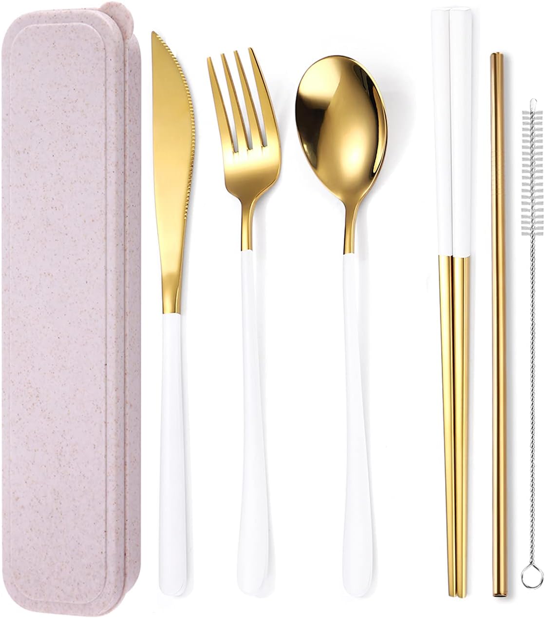 AARAINBOW 6 Pieces 18/8 Stainless Steel Flatware Set Portable Reusable Cutlery Set Travel Utensils Set Including Chopsticks Knife Fork Spoon Straws