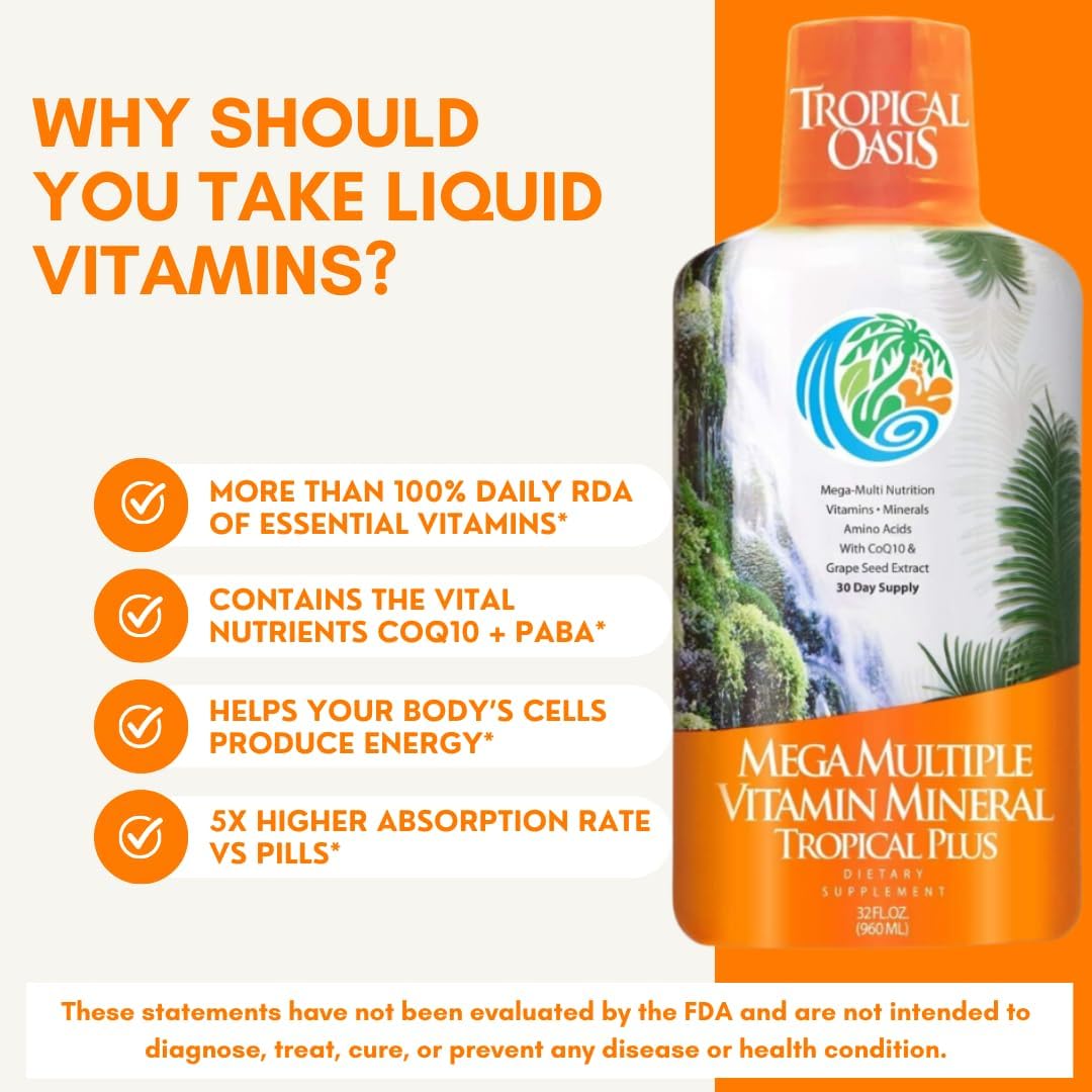 Tropical Oasis Mega Plus - Liquid Multivitamin and Mineral Supplement – Includes 85 Vitamins & Minerals, 20 Amino Acids + CoQ10