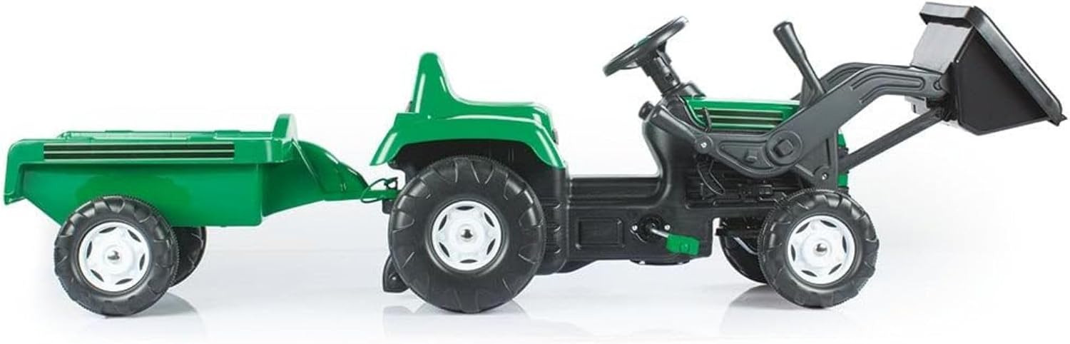 DOLU Pedal Operated Ride On Tractor for Kids with Full Ranchero Trailer, Indoor Outdoor Toy Vehicle with Front Loader & Hauling Trailer for Ages 3–6