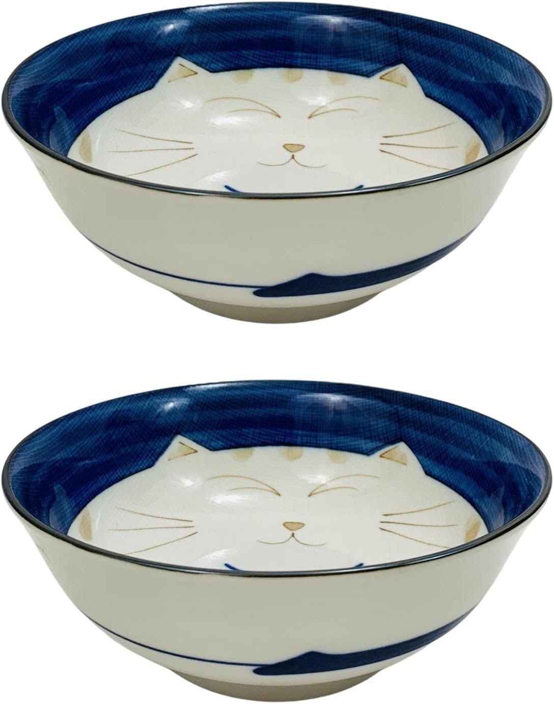 JapanBargain Set of 2 Japanese Porcelain Bowls, Large 7.5 Inch Ramen Udon Noodle Rice Soup Pho Poke Cereal Bowl, Maneki Neko Smiling Lucky Cat Pattern