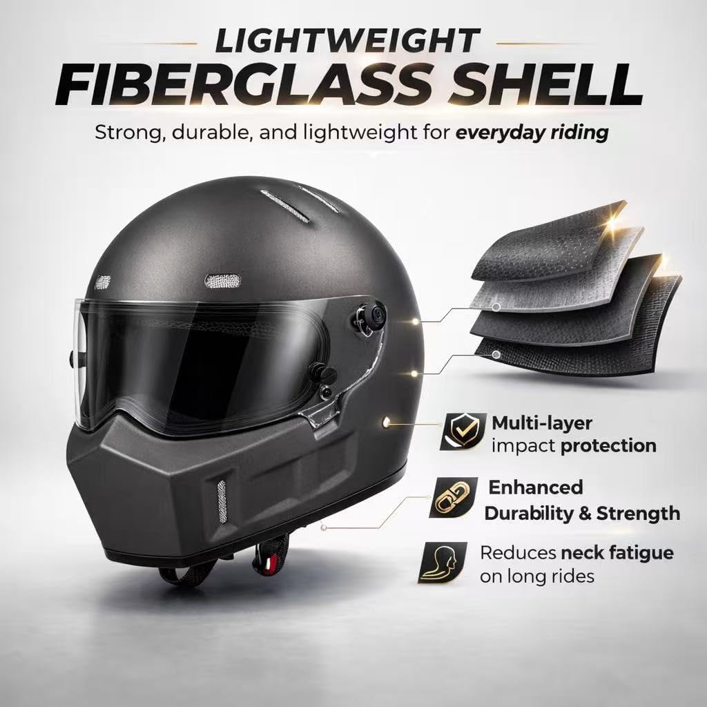 CRG Sports Retro Full Face Motorcycle Helmet, DOT Approved Fiberglass Street Bike Helmet with Clear Visor, Lightweight Cafe Racer Cruiser Motorcycle Helmet