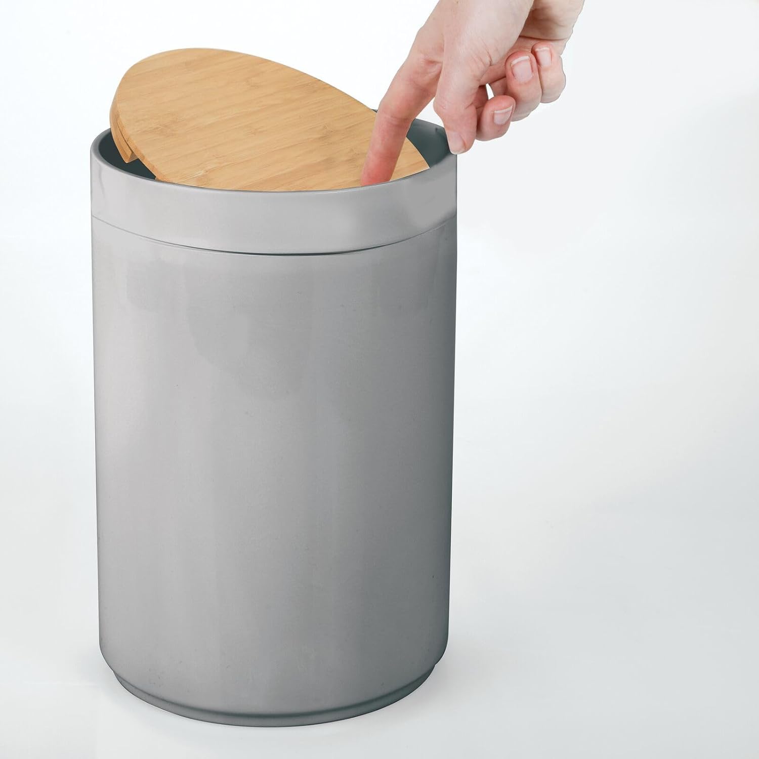 mDesign Plastic Round Trash Can Small Wastebasket - Garbage Bin Container with Swing-Close Lid - Bathroom Garbage Basket - Holds Waste, Recycling - 1.3 Gallon - Basa Collection - Cream/Beige/Natural