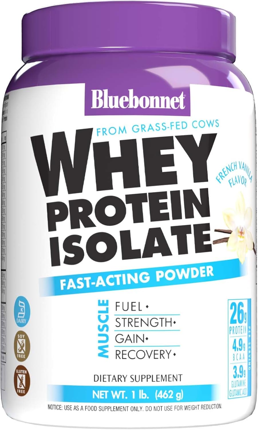 Bluebonnet Nutrition Whey Protein Isolate Powder, Whey from Grass Fed Cows, 26 Grams of Protein, No Sugar Added, Gluten Free, Soy Free, Kosher Dairy, 2.2 lbs, 32 Servings, Original Unflavored | Kosher