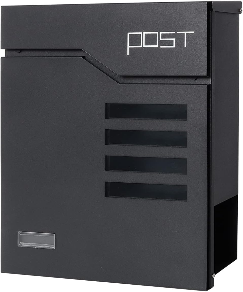 Decaller Large Capacity Mailbox with Key Lock, Wall Mount Metal Mail Box with Newspaper Compartment for Outside, 14.4" x 13" x 4.2", 938 Black