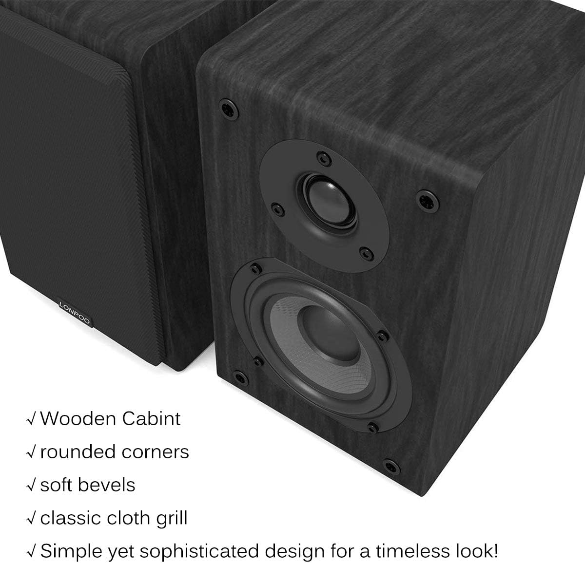 LONPOO Passive Bookshelf Speakers, 150W Wooden Cabinet Stereo Speakers Pair | 4" Carbon Fiber Woofer, 1" Silk Dome Tweeter, Amplifier Required