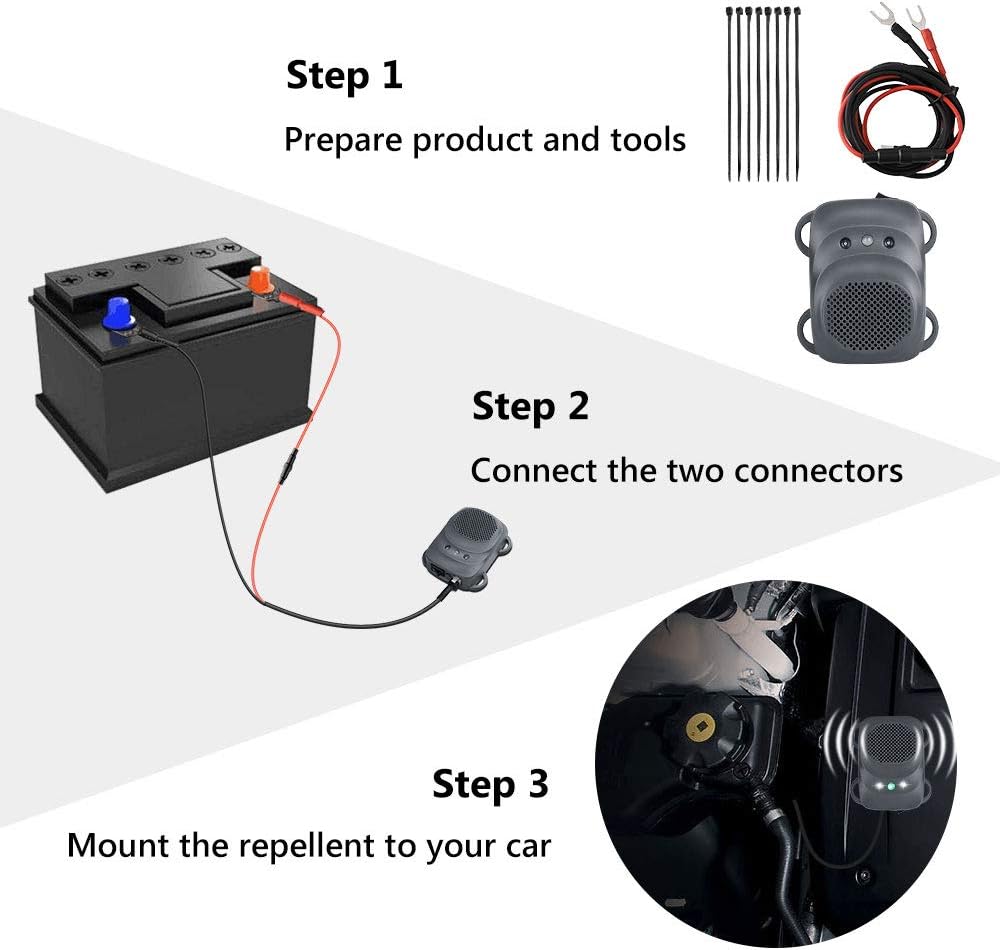 Angveirt Under Hood Rodent Repellent for Car Engine, 1 Pack | Ultrasonic Mice Deterrent with Strobe Lights, Connecting 12V 24V Car Battery