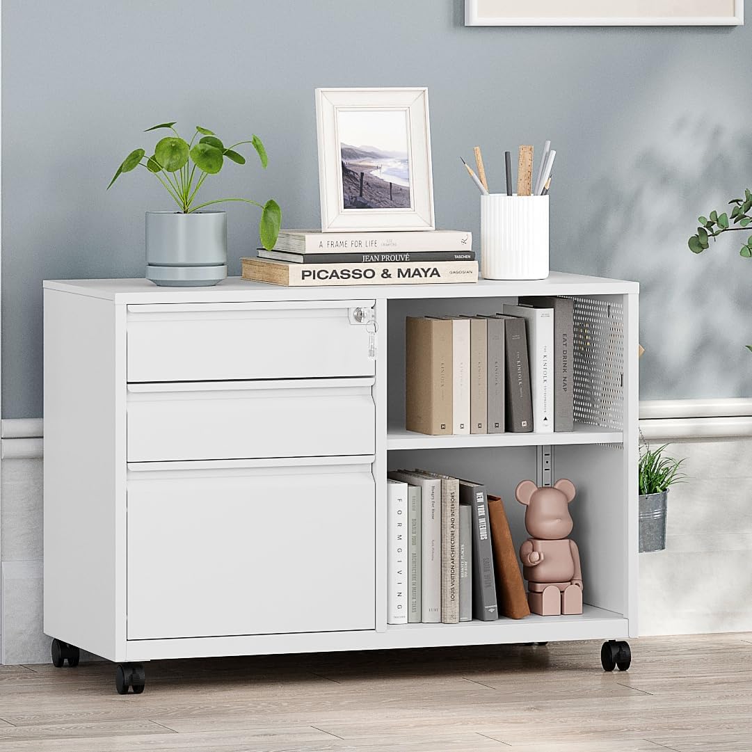 MIIIKO 3 Drawer File Cabinet with Lock, Metal Lateral Rolling Printer Stand Filing Cabinets for Home Office Storage,A4, Letter,File Folders(White)